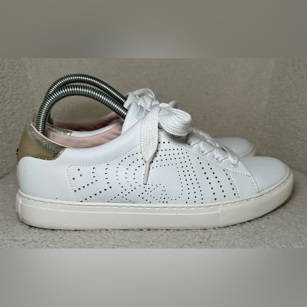 Kate Spade Aster New York White Leather Perforated Sneakers Gold Spade Logo 9.5‎